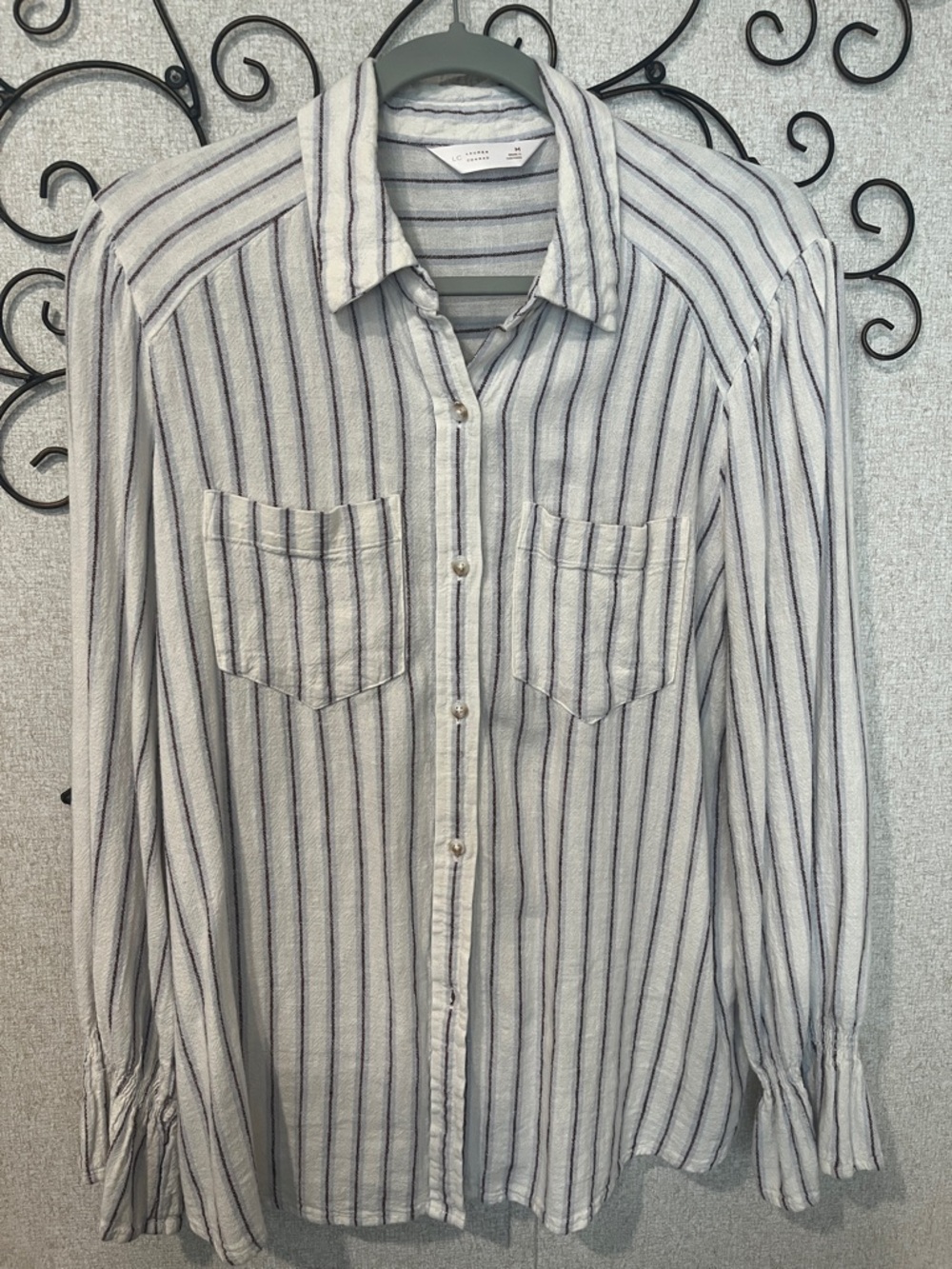 LC Lauren Conrad White Button-Down Shirt with Brown Stripes